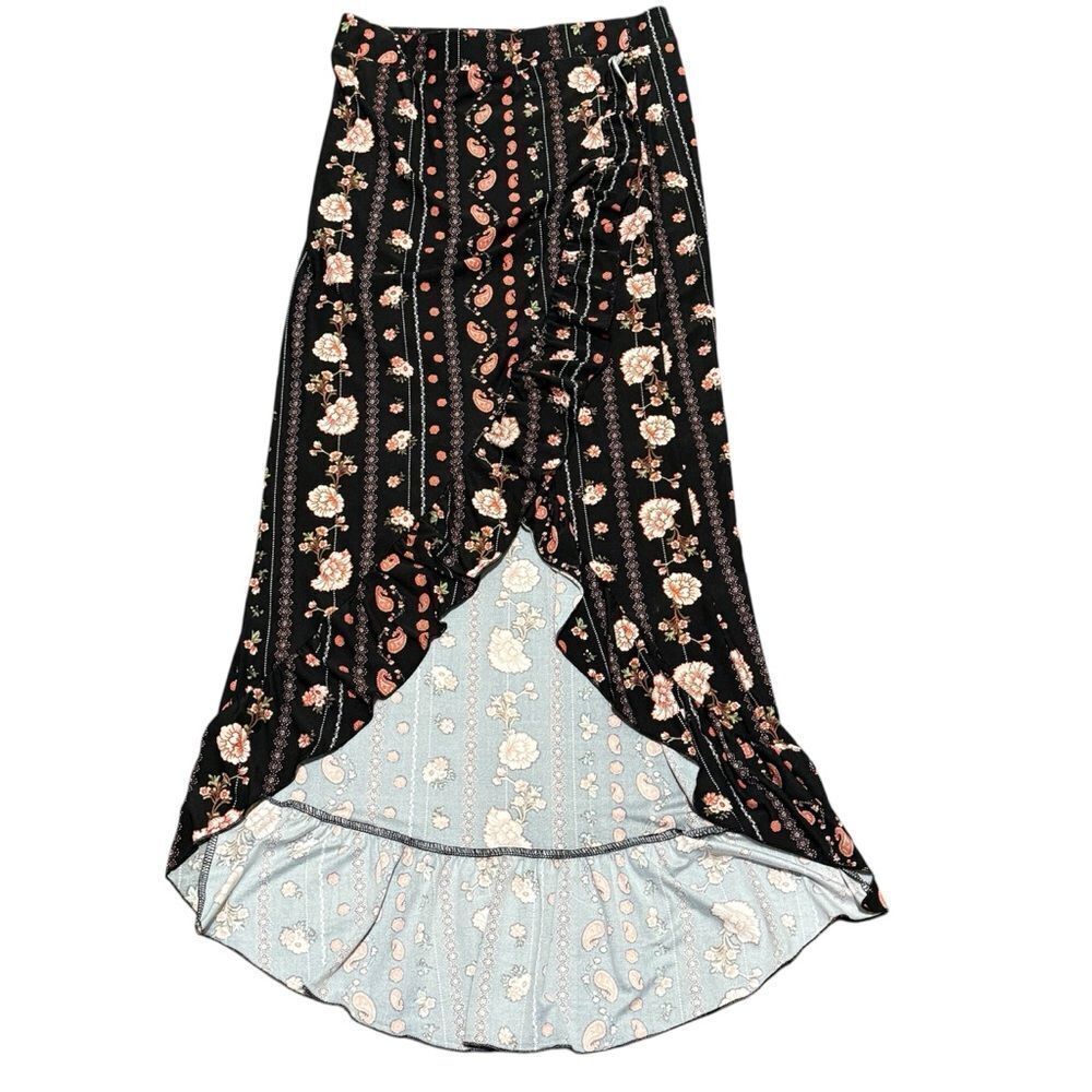 NWT Rue21 Black Peach White and Pink Floral High-Low Skirt Ruffle Detail Large